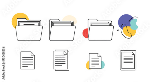 Set of file folder and document icons in a minimalist line art style features colorful geometric shapes for organizing office data.