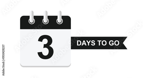 Calendar icon showing the number three is paired with a black banner that says three days to go for counting down to upcoming events.