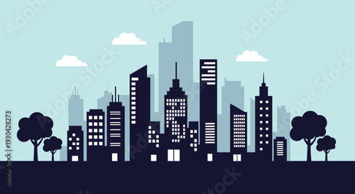 Dark city skyline silhouette features modern skyscrapers under a light blue sky with white clouds to represent urban development.