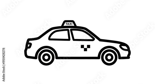 Simple black and white taxi car outline icon. Urban public transport vehicle line art graphic for ride-sharing or travel apps.