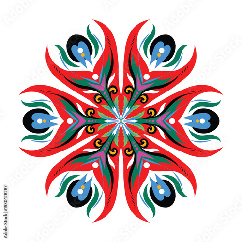 Vibrant circular mandala in traditional Rickshaw Art style. Symmetrical folk art vector with red and green motifs. Ideal for Pohela Boishakh and cultural festival decor. Bengali New Year decoration.