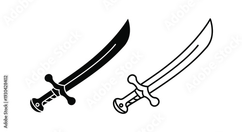 Two stylized scimitars one outlined and one solid black are displayed