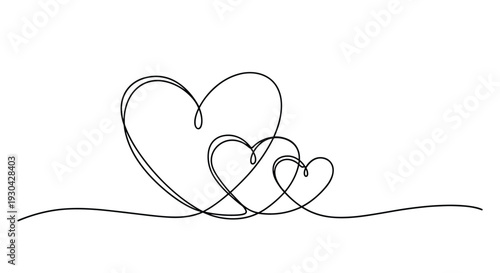 Three hearts of increasing sizes are drawn with a single continuous line to symbolize growing love, friendship, or family.
