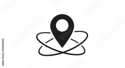 Black location pin icon is surrounded by three orbital rings to represent global positioning and navigation services on a map.