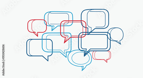 Multiple blue and red speech bubbles are drawn with thin overlapping lines to represent a group conversation or brainstorm session on a white backdrop.