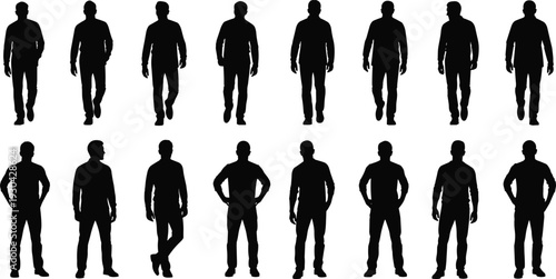 Set of male silhouettes walking and standing poses isolated on white background full body collection