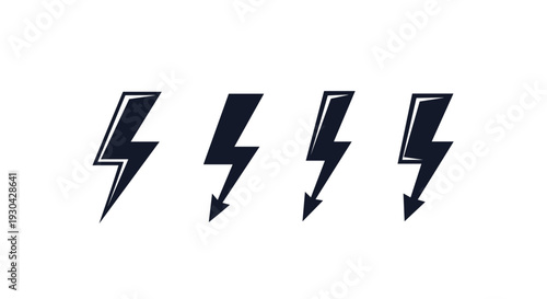 Set of four diverse lightning bolt icons in dark blue color with arrow tips and outlines used for energy, power, and flash indicators.