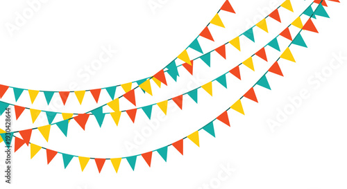 Multiple strings of colorful triangle bunting flags in green, orange, and yellow hanging across the frame for party decoration and celebration.