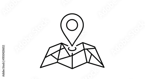 Minimalist black outline illustration of a location pin placed over a folded paper map showing different geographical areas and boundaries.