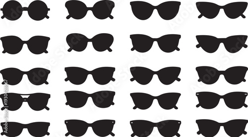 Sunglasses icon set. Black glasses optic frames silhouette. Sun lens ocular with plastic rims. Vector illustration stylish isolated objects on white