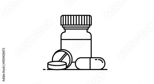 Detailed black outline icon of a medicine bottle with a round tablet and an oblong capsule pill for pharmaceutical and healthcare concepts.