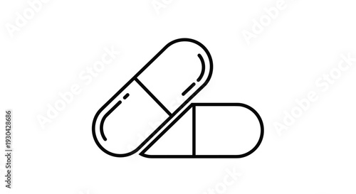 Simple black outline drawing of two capsule pills overlapping each other representing medication, pharmacy, and healthcare topics.