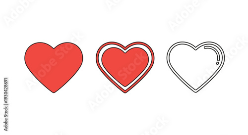 Set of three heart symbols in red and white showing different filling styles used for social media likes or health indicators on a white background.