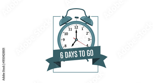 Teal-colored alarm clock icon featuring a banner that reads six days to go, used as a countdown timer for deadlines or upcoming events.