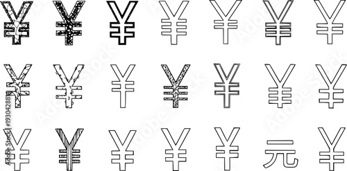 Diverse Collection of Yen and Yuan Currency Symbols in Various Styles for Financial Design and Global Economy Icons