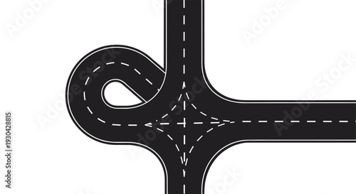 High angle view of a dark asphalt road junction featuring a loop and intersecting paths with dashed white lane markings on a white backdrop.