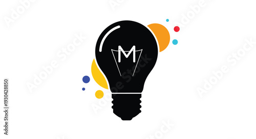 Black light bulb silhouette featuring an M shaped filament and colorful floating bubbles representing a creative idea or brand logo on a white background.