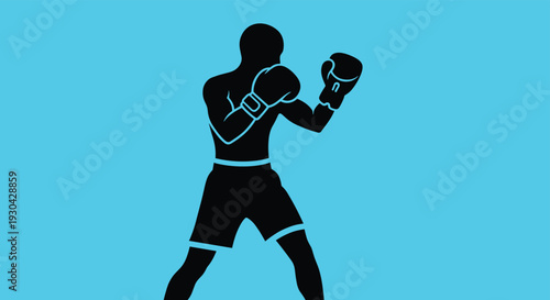 Strong black silhouette of a boxer in a fighting stance wearing gloves is set against a solid blue background for a sport-themed design.