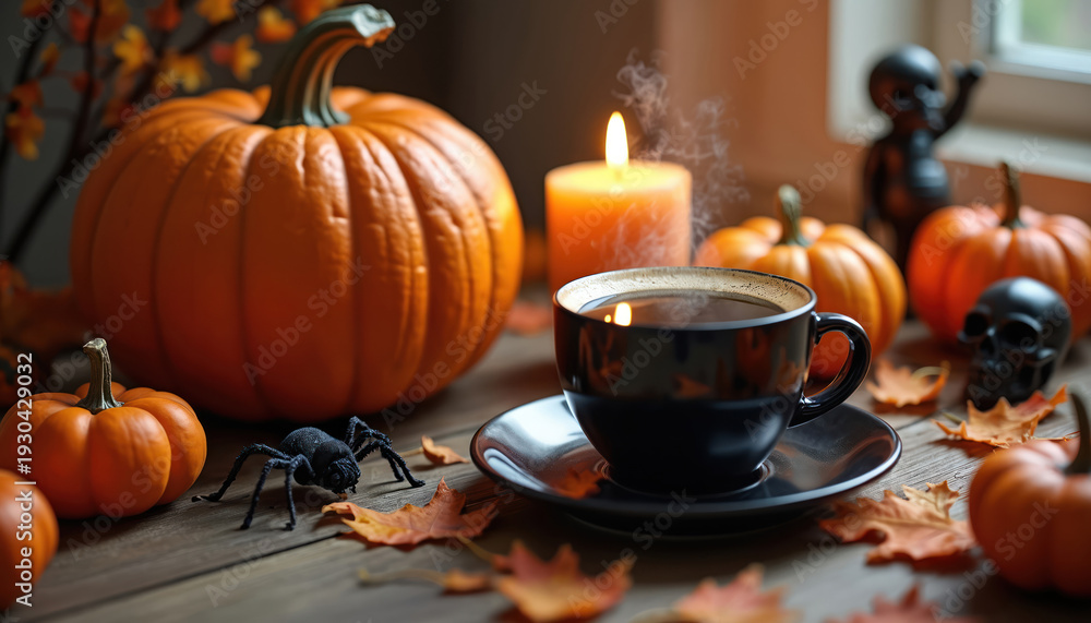 Obraz premium Halloween pumpkins and steaming coffee cup sit on wood table with candle and autumn leaves. Spooky spider and skulls add festive, cozy atmosphere for fall holiday celebrations.