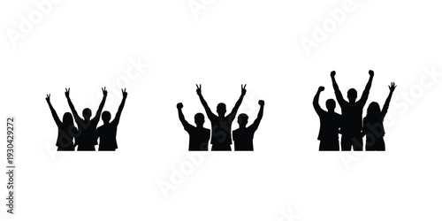 Silhouettes of  groups of people celebrating on white background