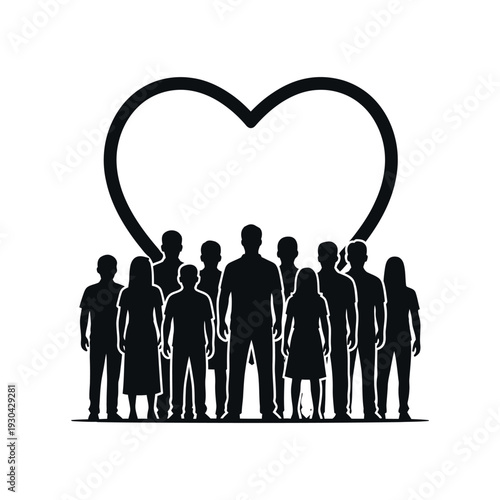 Silhouette of diverse group of people standing in front of a large heart on white background