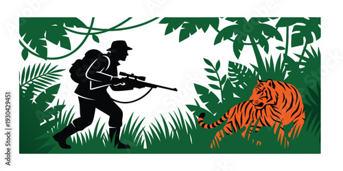 Hunter stalking a tiger amidst dense jungle foliage a dangerous pursuit