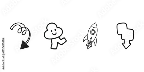 A set of four simple cartoon style line drawings on a white background