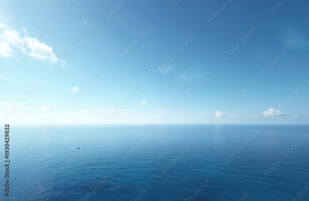 Obraz premium Vast blue ocean stretches to clear horizon under bright sky. Several aircraft fly over water creating sense of openness, tranquility. Serene seascape offers calming visual for relaxation travel