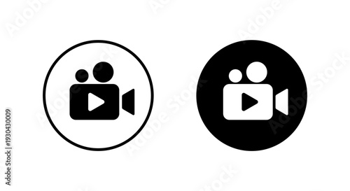 Video camera play icon in black circle. Movie recorder symbol. Media recording symbol