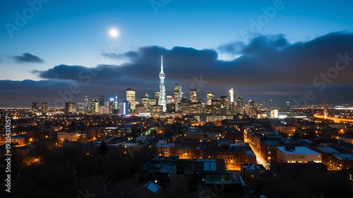 Stunning Evening View of a Modern City Skyline Under Cloudy Sky