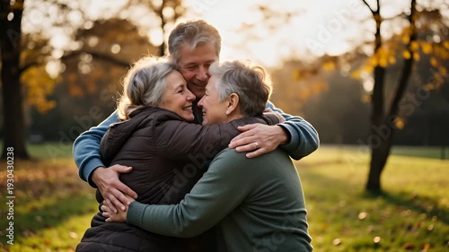 Warm Embrace Among Three Elderly Friends in Autumn Park Setting