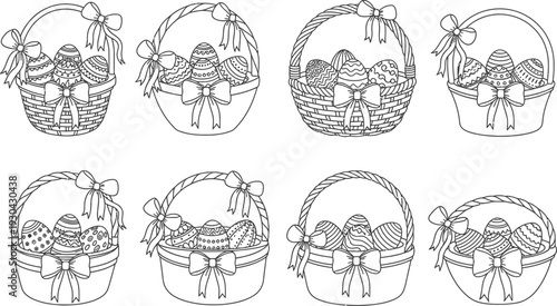 Easter basket line drawings with various gift decorations
