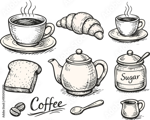 Hand Drawn Morning Coffee Elements – Pastry Sugar Illustration