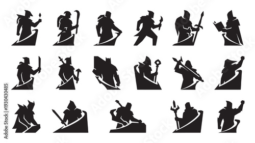 Black Silhouette Samurai Warriors in Various Poses with Swords Isolated on White Background