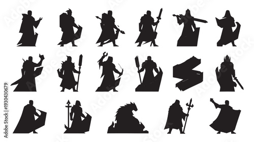 Medieval Knight Silhouettes Fighting with Swords on White Background