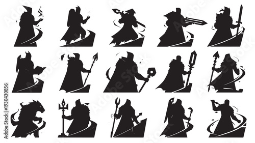 Wizard Silhouettes with Magical Staffs and Weapons Isolated on White Background