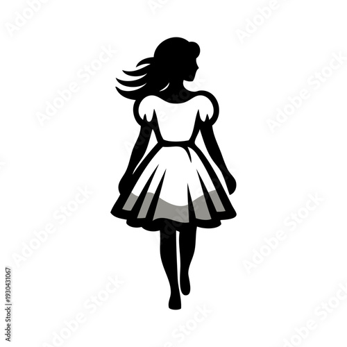 Logotipo de boutique de moda femenina. Dibujo sencillo con líneas de una mujer andando con un vestido, vista de frente 