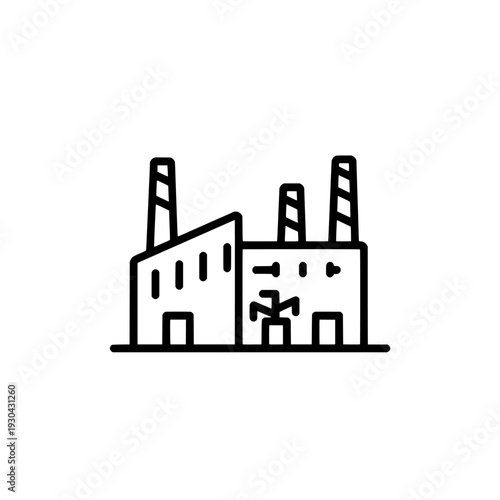 Aircraft manufacturing factory icon. Airplane production facility sign and symbol. Industrial hangar line design. Vector illustration isolated on white background.