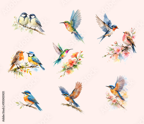 Soft Hand Drawn Watercolor Birds on Branch Illustration Set