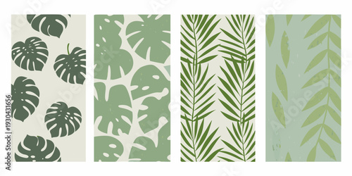 Four vertical panels displaying various tropical leaf patterns