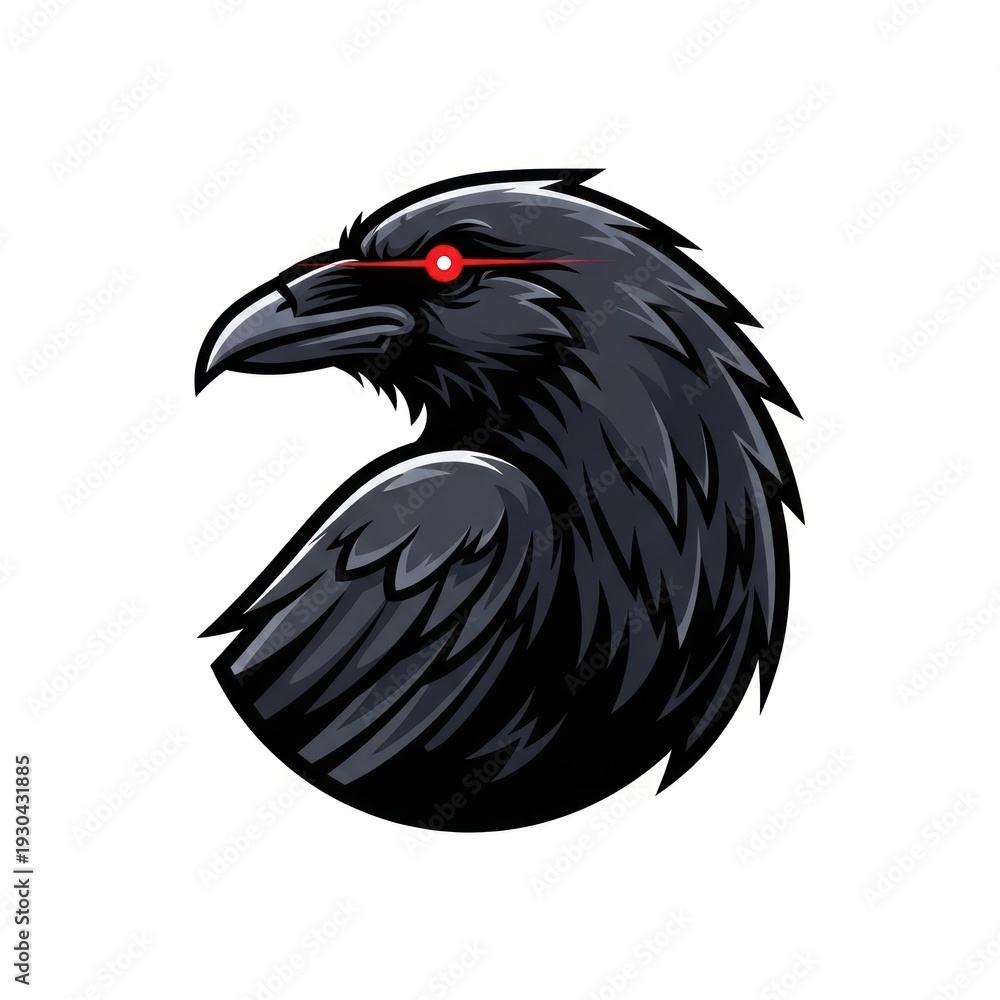 Obraz premium Cartoon-style illustration, a raven with glowing red eyes, against a white backdrop