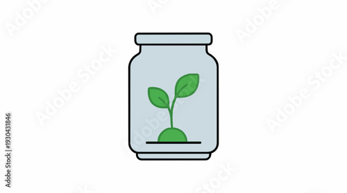Small Green Plant Growing Inside a Clear Glass Jar with Light Gray Lid Isolated on White Background