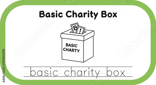 Basic Charity Box Illustration with Money Slot and 'Basic Charity' Label