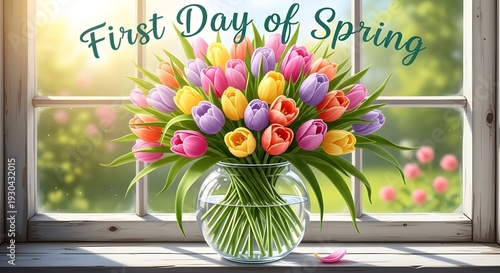 Colorful tulip bouquet in a glass vase on a rustic wooden windowsill, celebrating the first day of spring with a vibrant garden view outside, bright natural light photo 