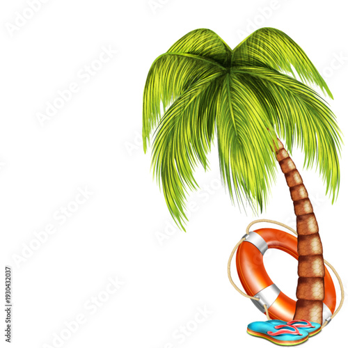 Illustration of a palm tree with a life preserver and flippers on a transparent background, viewed from the side, 1772020822642.eps