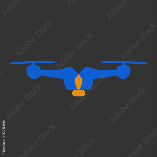 Modern blue and orange drone vector icon with propellers. Minimalist quadcopter design isolated on dark background for tech, delivery, or surveillance concepts.