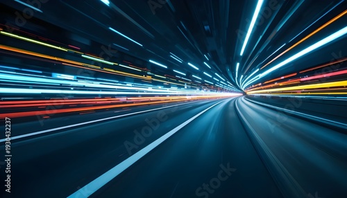 Abstract image of speed motion on the road. Neon color glowing lines background, high-speed light trails effect. Modern abstract high-speed light motion effect on black ...