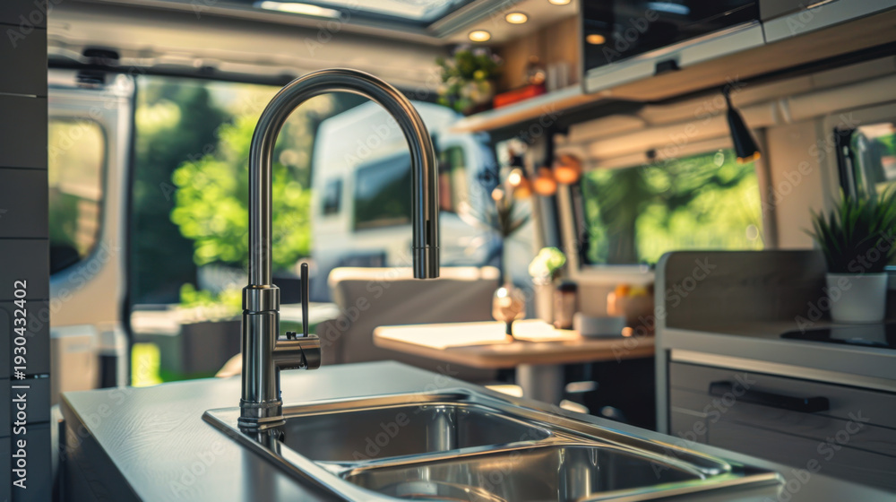 Fototapeta premium Modern kitchen setup with sink in a camper van next to a table and chairs in a forest area during the day
