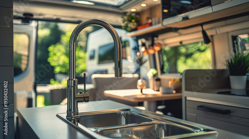 Modern kitchen setup with sink in a camper van next to a table and chairs in a forest area during the day