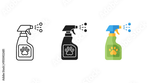 Pet care essentials set with black and white paw print spray bottles for cleaning and hygiene